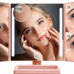 Omliox Make Up Spiegel Met LED Verlichting - Stijlvolle Inklapbare Spiegel - Dimbare Verlichting Met Touch Knop - 2x En 3x Vergroting - Inclusief USB Kabel - Ros Goud