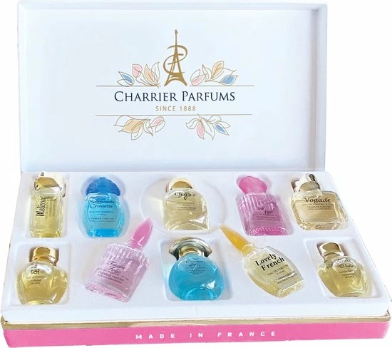 Charrier Parfums CADEAU TIP, Franse Parfum Miniaturen 10 Stuks, White Box. In Luxe Geschenk Verpakking. 1 Charrier Parfums CADEAU TIP, Franse Parfum Miniaturen 10 Stuks, White Box. In Luxe Geschenk Verpakking.