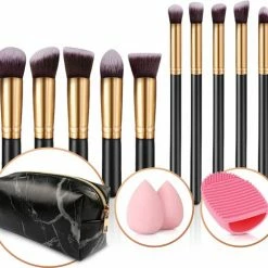 Evvie Set Van 10 Make-up Kwasten Met Beauty Blender (2x) En Brushegg In Etui - Zwart/goud