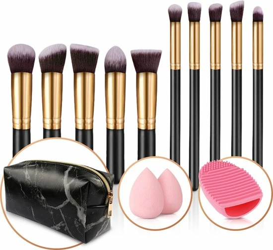Evvie Set Van 10 Make-up Kwasten Met Beauty Blender (2x) En Brushegg In Etui - Zwart/goud 1 Evvie Set Van 10 Make-up Kwasten Met Beauty Blender (2x) En Brushegg In Etui - Zwart/goud