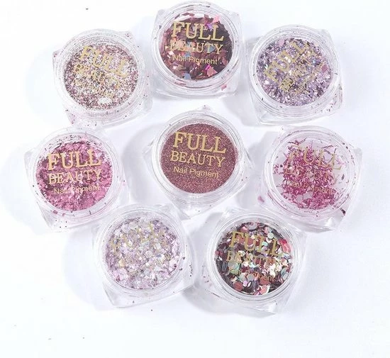 ISO Products Glitter Poeder Nail Art Set - 8 Stuks - Ros / Zilver / Roze / Glinster - Nagel Decoratie Strass 4 ISO Products Glitter Poeder Nail Art Set - 8 Stuks - Ros / Zilver / Roze / Glinster - Nagel Decoratie Strass - Afbeelding 4