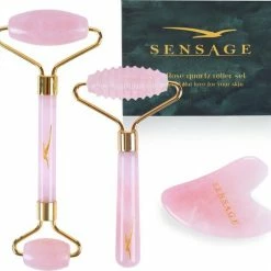 Sensage Rozenkwarts Roller Met Gua Sha Steen | Massage Jade Roller | 100% Natuurlijk Rose Quartz | Gezichtsroller | Face Roller | Roller | Gezichtsmassage | 4-delige Beauty Set
