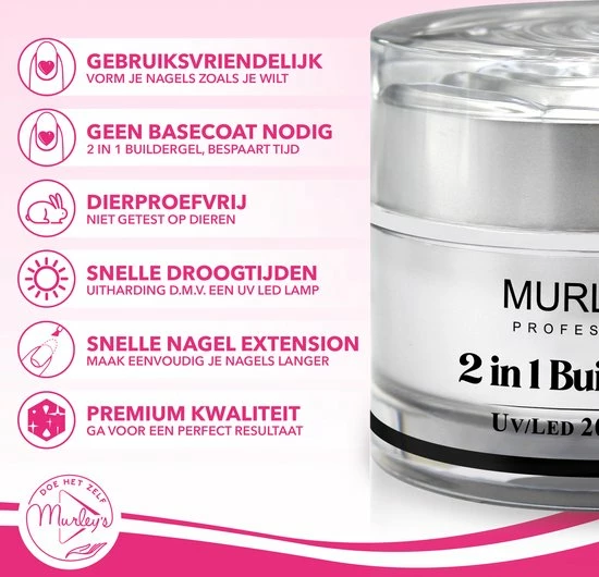 MURLEY'S 2 In 1 BUILDER GEL UV-LED Builder Gel Voor Gelnagels Transparant 20 Ml Op Acrylbasis. Verlengen En Vormen Van De Nagels Zonder Basecoat. 3 MURLEY'S 2 In 1 BUILDER GEL UV-LED Builder Gel Voor Gelnagels Transparant 20 Ml Op Acrylbasis. Verlengen En Vormen Van De Nagels Zonder Basecoat. - Afbeelding 3
