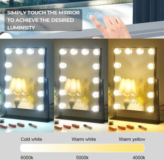 Bright Beauty Vanity Make Up Spiegel Met Verlichting - Zwart - Dimbaar Met Drie Lichtstanden 4 Bright Beauty Vanity Make Up Spiegel Met Verlichting - Zwart - Dimbaar Met Drie Lichtstanden - Afbeelding 4