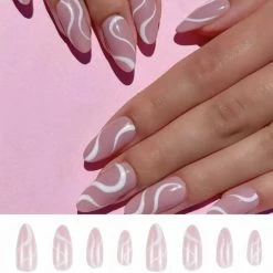 Merkloos Witte Lijntjes Nagels - Plaktabs - Plaknagels - Medium Lang