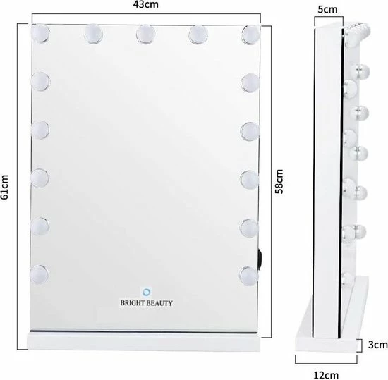 Bright Beauty Vanity Hollywood Make Up Spiegel Met Verlichting - H 58 X B 43 Cm - Zonder Rand - Drie Lichtstanden - Wit 6 Bright Beauty Vanity Hollywood Make Up Spiegel Met Verlichting - H 58 X B 43 Cm - Zonder Rand - Drie Lichtstanden - Wit - Afbeelding 6