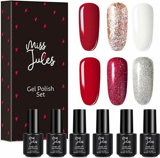 Miss Jules - 6-Delige Gellak Starterspakket - Nagellak - Kleur Rood, Wit & Glitter - Glanzend & Dekkend Resultaat 1 Miss Jules - 6-Delige Gellak Starterspakket - Nagellak - Kleur Rood, Wit & Glitter - Glanzend & Dekkend Resultaat