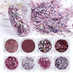 ISO Products Glitter Poeder Nail Art Set - 8 Stuks - Ros / Zilver / Roze / Glinster - Nagel Decoratie Strass