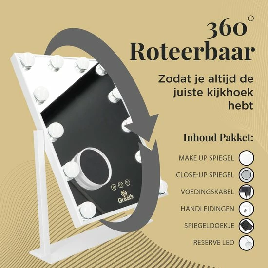 Great’s® Great's® Hollywood Make Up Spiegel Met LED Verlichting - Visagie Spiegel - Incl. Close Up 10x - Wit 7 Great’s® Great's® Hollywood Make Up Spiegel Met LED Verlichting - Visagie Spiegel - Incl. Close Up 10x - Wit - Afbeelding 7