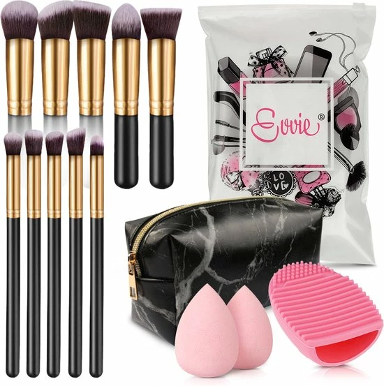 Evvie Set Van 10 Make-up Kwasten Met Beauty Blender (2x) En Brushegg In Etui - Zwart/goud 2 Evvie Set Van 10 Make-up Kwasten Met Beauty Blender (2x) En Brushegg In Etui - Zwart/goud - Afbeelding 2