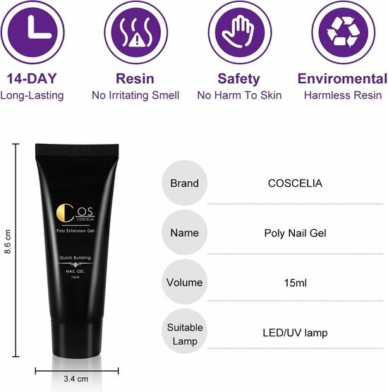 Coscelia Polygel Kit- Polygel Nagels- Polygel Starter Set- 1x36W LED Nagel Droger Lamp 6x15ML Poly Gel 1 X Top Coat 1 X Base Coat 6x5ML UV Gel 1 X Dual End Nail Borstel 1x50Pcs Clear Quick Building Mold Tips 1x30ML Cleanser Plus 1 X Nagelvijl 1x6-Man 5 Coscelia Polygel Kit- Polygel Nagels- Polygel Starter Set- 1x36W LED Nagel Droger Lamp 6x15ML Poly Gel 1 X Top Coat 1 X Base Coat 6x5ML UV Gel 1 X Dual End Nail Borstel 1x50Pcs Clear Quick Building Mold Tips 1x30ML Cleanser Plus 1 X Nagelvijl 1x6-Man - Afbeelding 5